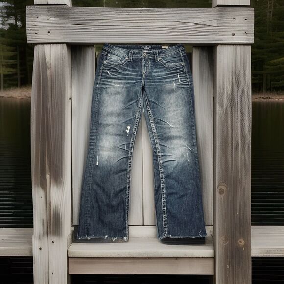 Silver Jeans Lola 17” Straight 32 (34x29) Altered Blue Distressed Denim Womens - Picture 1 of 11